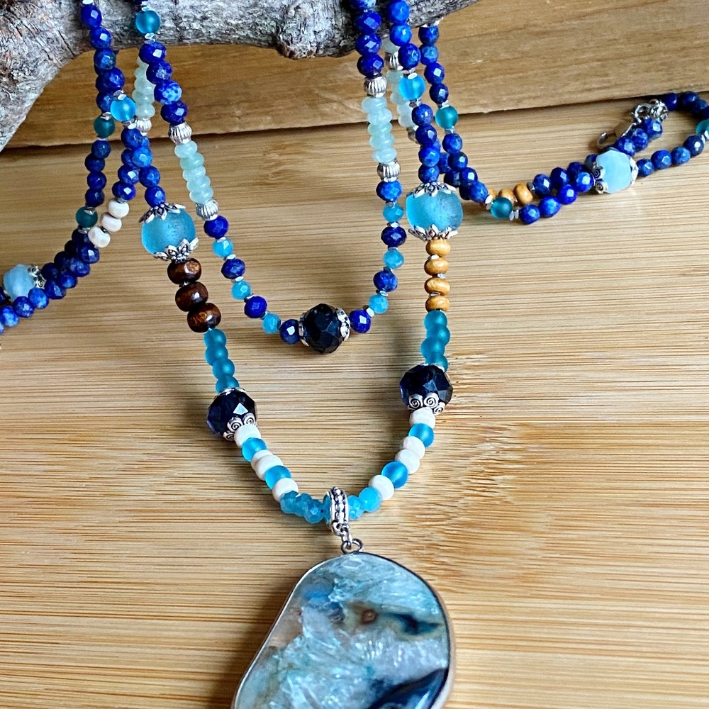Multi Gemstone Layered Statement Necklace with Lapis Lazuli - Aquamarine